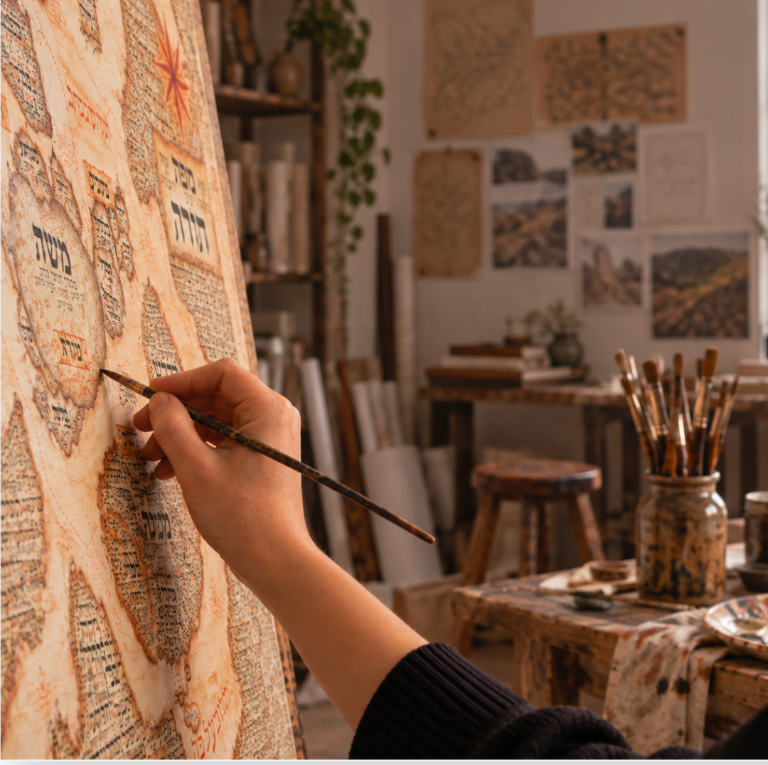Artist painting The Map of Torah in the studio
